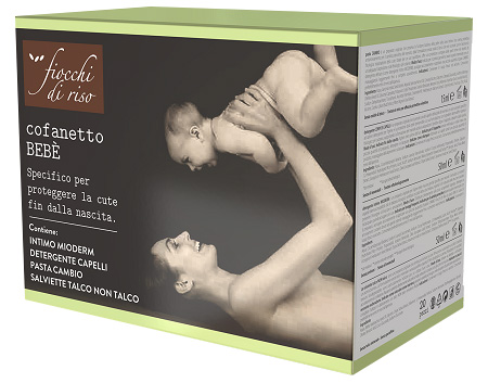 FIOCCHI DI RISO COFANETTO BEBE' PASTA CAMBIO 15 ML + DETERGENTE CORPO E CAPELLI TALCO 50 ML + DETERGENTE INTIMO MIODERM50 ML + 20 SALVIETTE TALCO NON TALCO + POCHETTE