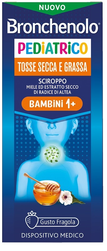 SCIROPPO BRONCHENOLO PEDIATRICO TOSSE SECCA E GRASSA DA 1 ANNO IN SU 120 ML GUSTO FRAGOLA SENZA COLORANTI ARTIFICIALI, SENZA ALCOL, SENZA OGM