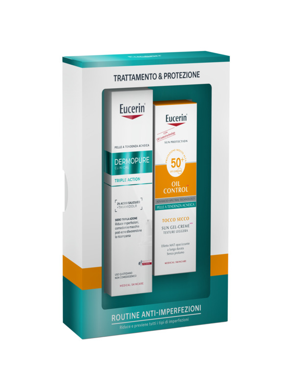 EUCERIN SUN DERMOPURE ROUTINE PACK Q1 2026 1 DERMOPURE CLINICAL SIERO TRIPLA AZIONE 40 ML + 1 SUN OIL CONTROL SPF 50+ 50ML