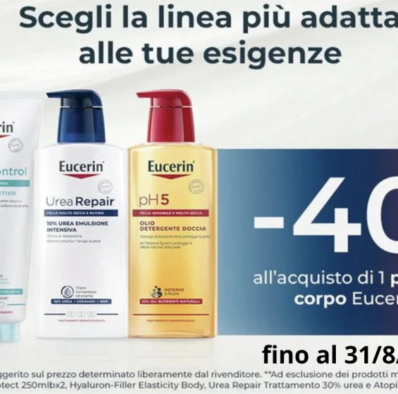 Riscopri una pelle lenita e idratata: acquistando 1 prodotto corpo Eucerin e ricevi subito il 40% di sconto.