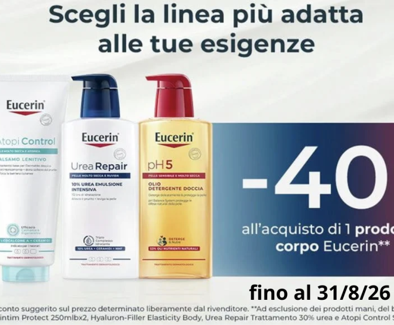 Riscopri una pelle lenita e idratata: acquistando 1 prodotto corpo Eucerin e ricevi subito il 40% di sconto.