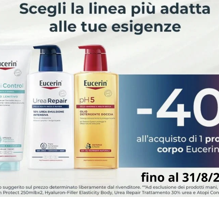 Riscopri una pelle lenita e idratata: acquistando 1 prodotto corpo Eucerin e ricevi subito il 40% di sconto.