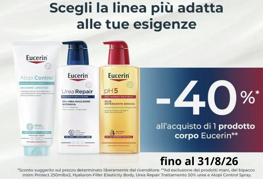 Riscopri una pelle lenita e idratata: acquistando 1 prodotto corpo Eucerin e ricevi subito il 40% di sconto.